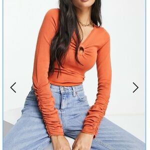 Orange V-Neck Ruched Women's Top